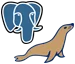 Icone do elefante do banco de dados de postgresql e uma foca